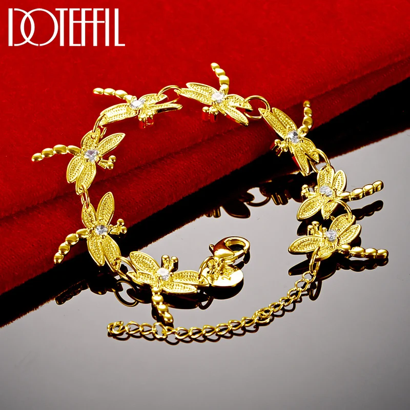 Doteffil 925 prata esterlina 18k ouro completo libélula pulseira de cristal incrustado para mulher charme casamento noivado moda jóias