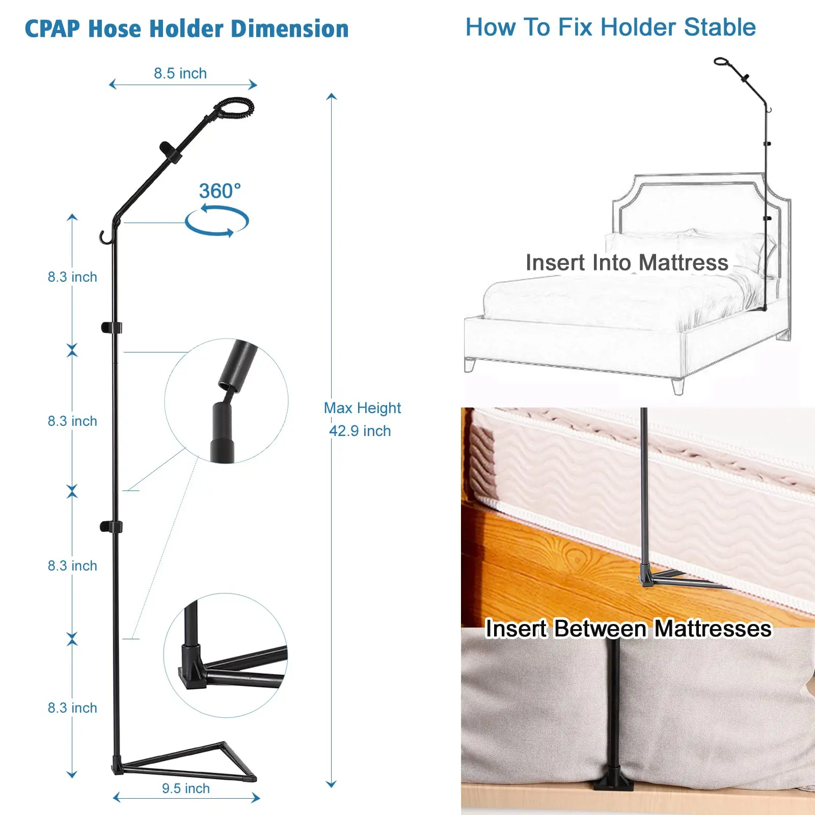 Accessorio CPAP supporto per tubo maschera gancio per tubo di sollevamento supporto per tubo pieghevole 360 ° Rotable messo sotto il materasso Hang BIPAP APAP Tubing