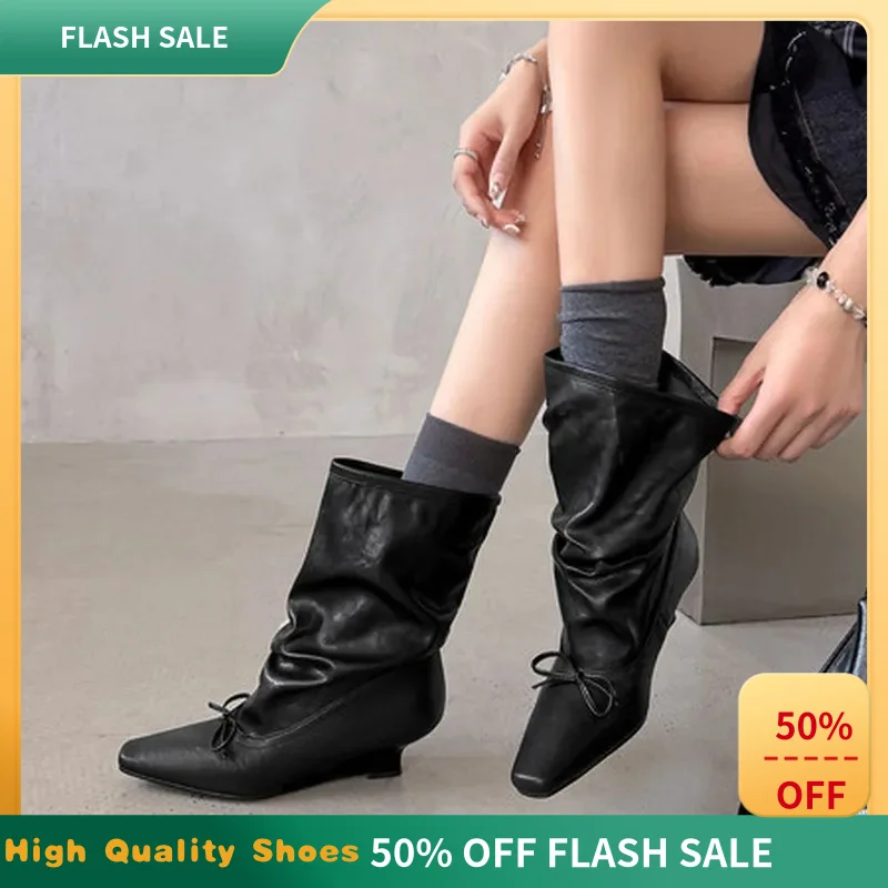 Botas de media pantorrilla de cuero y licra para mujer, con punta cuadrada, tacón de cuña con lazo, suela de TPR, estilo vintage, para uso diario, tipo cowboy, F219