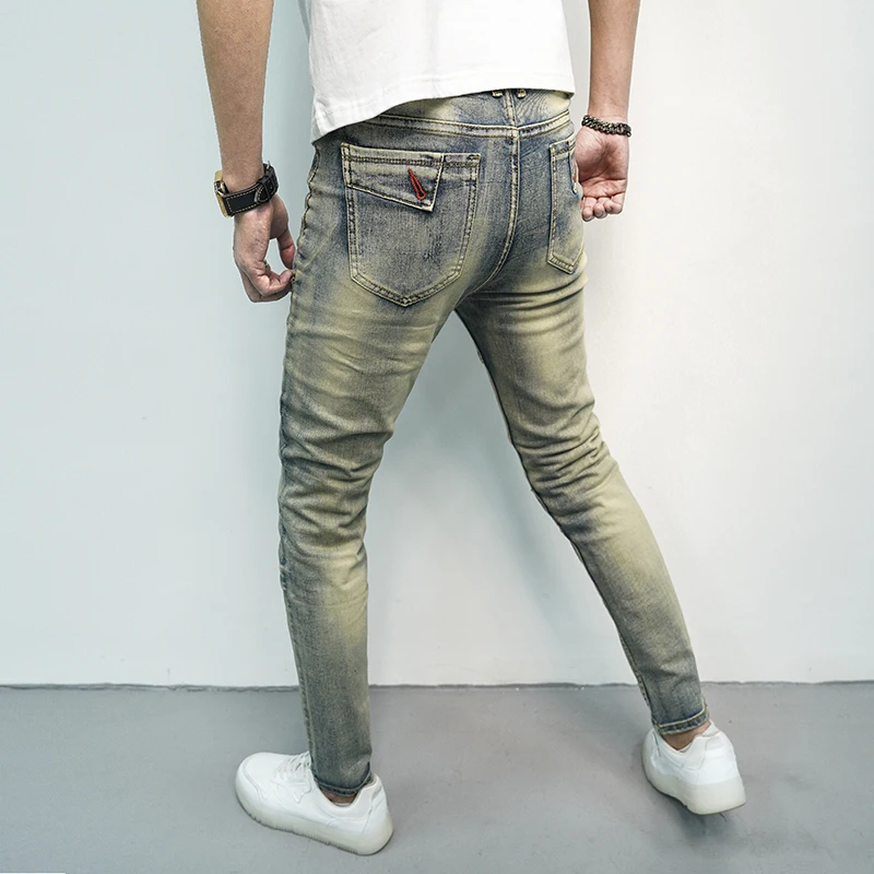 Jeans da motociclista retrò piedi Skinny da uomo Stretch pantaloni nostalgici Casual da strada con cuciture belle con cerniera