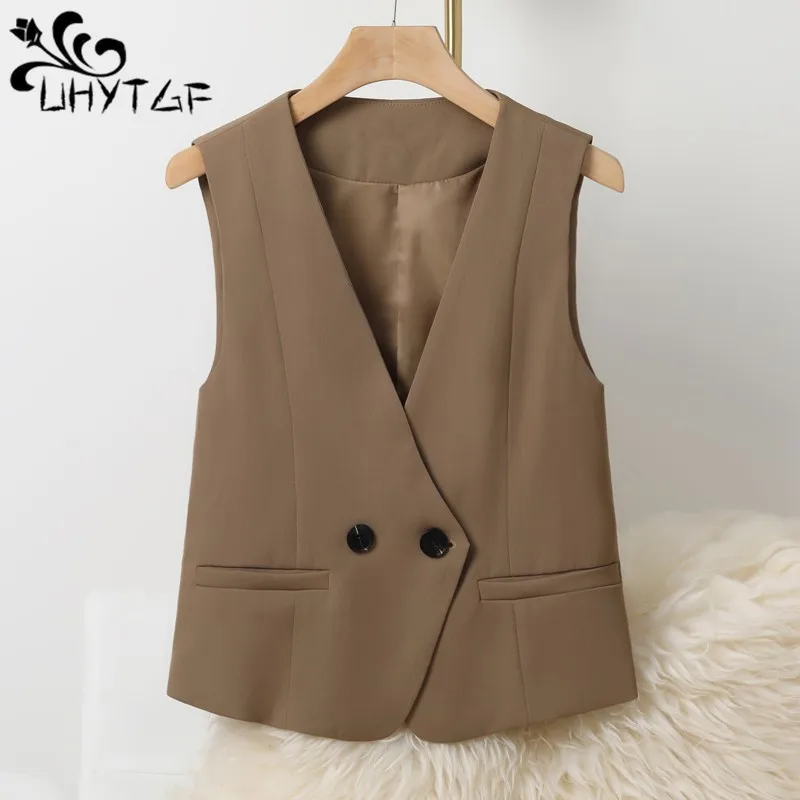 

UHYTGF 3XL Sleeveless Blazer Vest For Women Fashion Double Breasted Casual Spring Autumn Waistcoat Coat Female Short Jacket 2557