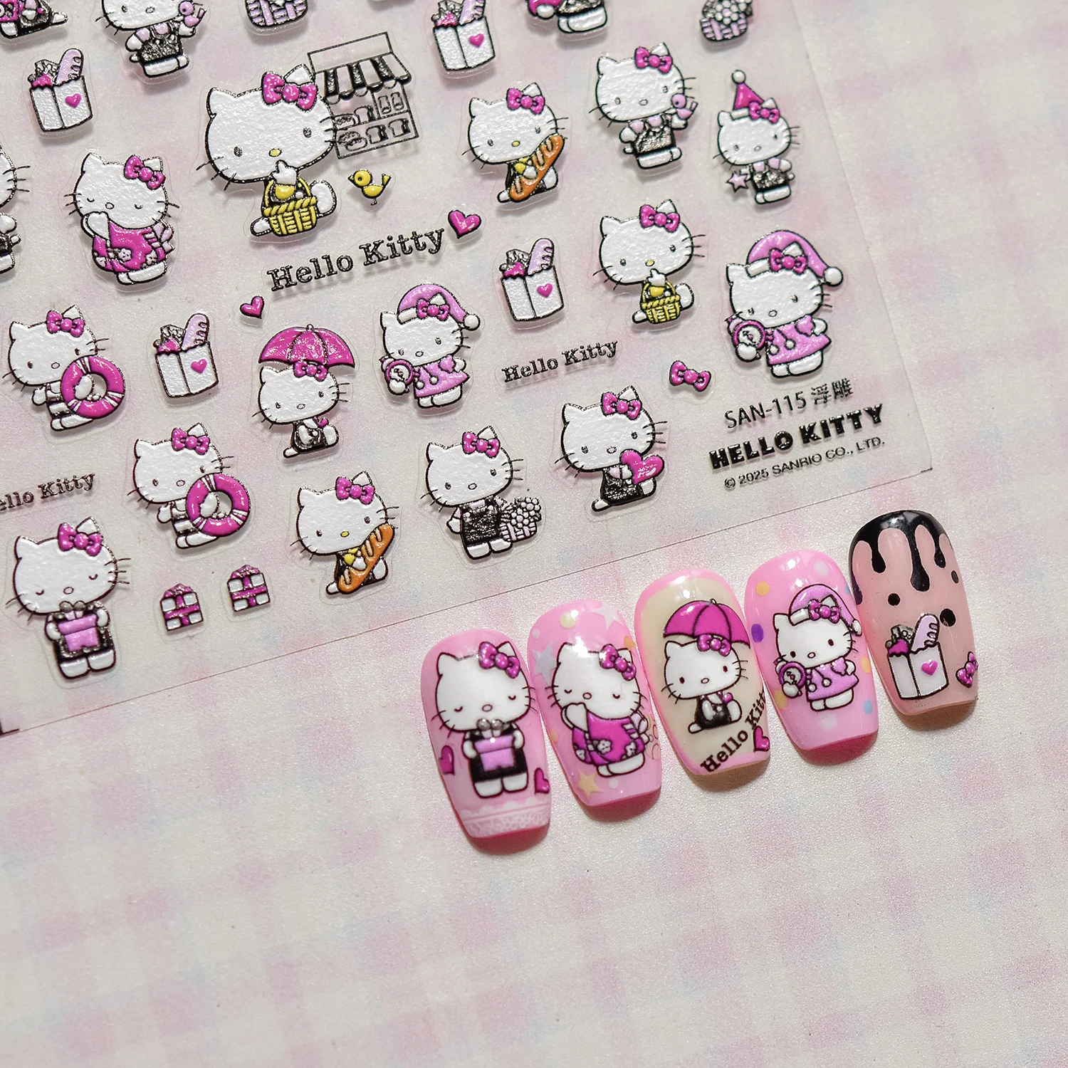 1PCS 5D Cute Style Hello Kitty Nail Stickers Cute Embossed Cartoon Cat Pattern Self-Adhesive Manicure Decals Nail Art Supplies