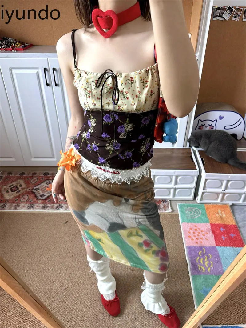 

New Summer Printing Camisole High-waisted A-line Hip-hugging and Versatile Japanese Retro Original Design Skirt Set for Women