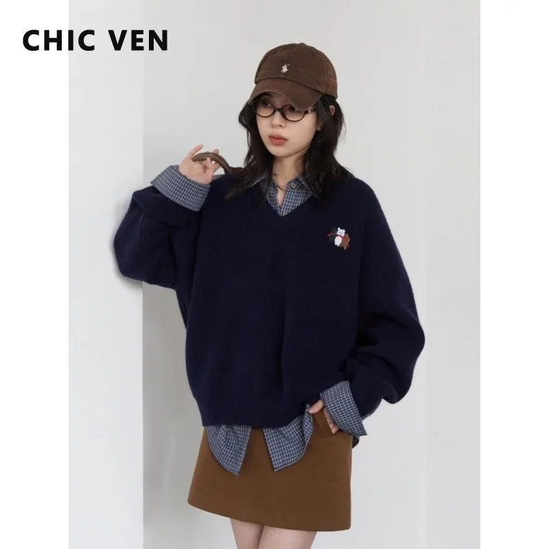 

CHIC VEN Korean Women Sweater Loose Casual Retro Preppy Style V-neck Pullovers Thick Knitted Girl Jumpers Spring Autumn 2025