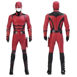 Daredevil Cosplay Costume Matt Murdock Red Leather Battle Suit Jumpsuit Belt Gloves Fullset Outfit Halloween Carnival Party Suit