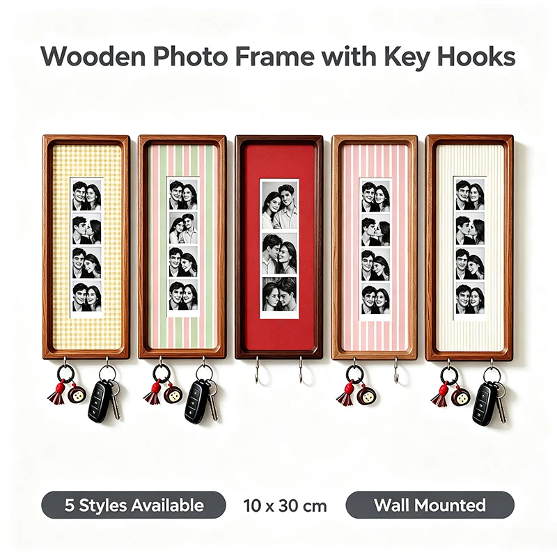 Holz-Fotorahmen für Paare mit Schlüsselhaken, Wandmontierter Bilderrahmen, Modischer Gestreifter Rahmen, Schlüsselhalter, Jubiläumsgeschenk – Detail 2