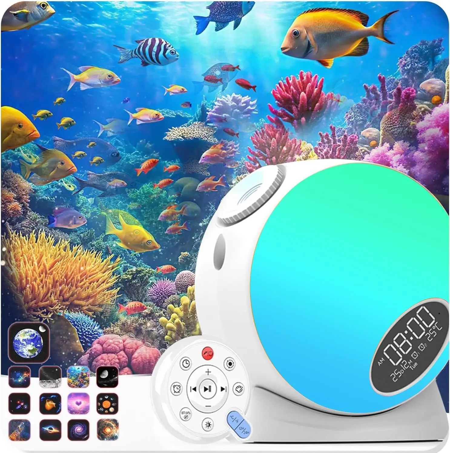 Planetarium Star Projector Features 13 interchangeable Galaxy Projectors Time and Temperature Displays and Bluetooth function