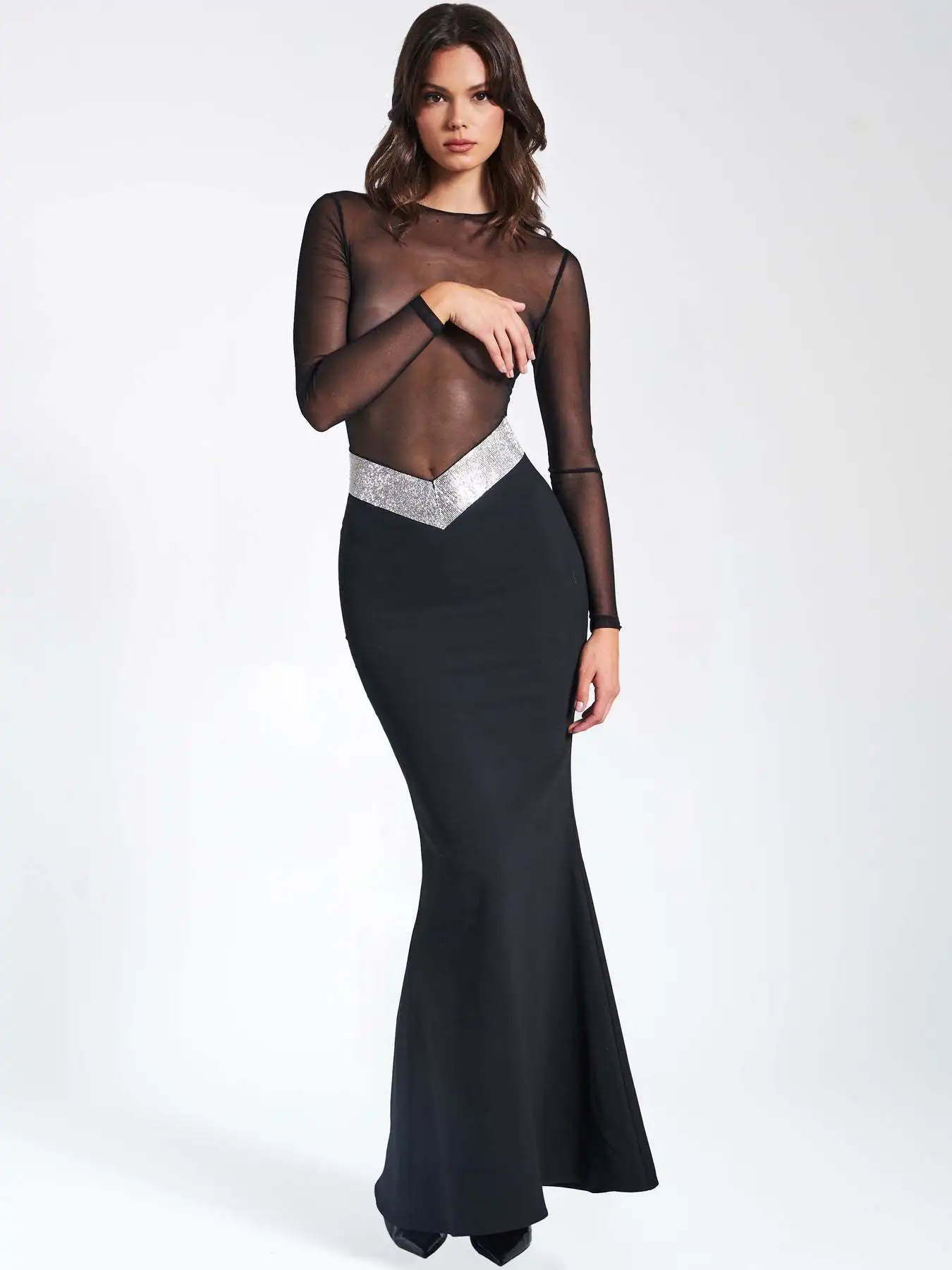 2025 Women Celebrity Sexy Long Sleeve O Neck Patchwork Beading Black Bodycon Bandage Dress Elegant Evening Club Party Dress