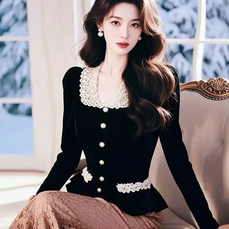 Luxury French Black Velvet Shirt Square Collar Lace Patchwork Blouse Women Slim Waist Zipper Tops Autumn Royal Style Office Lady