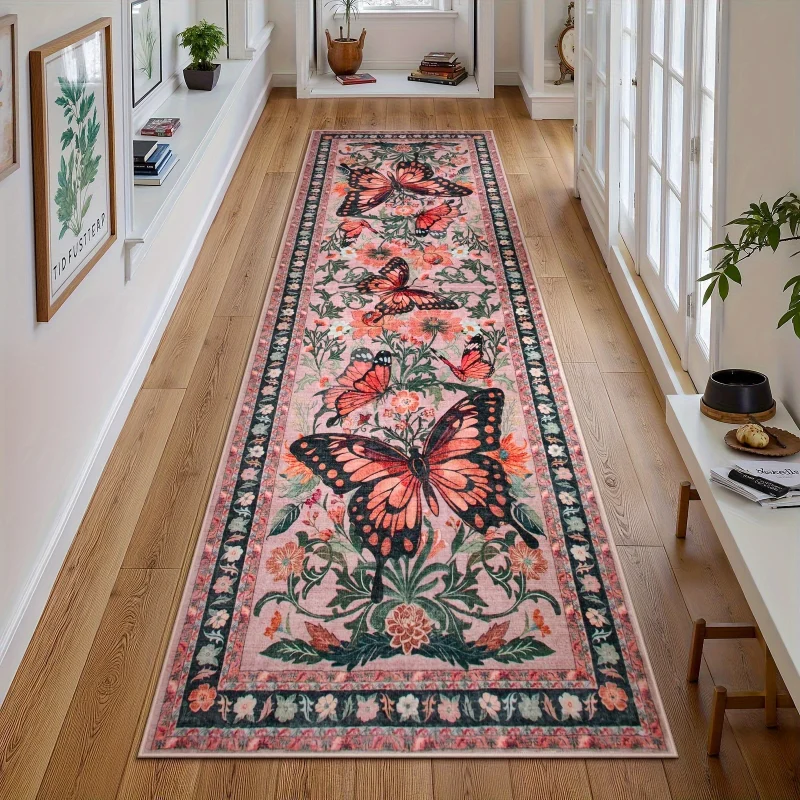 VIKAMA Retro Floral Butterfly Runner Mat Anti Slip Washable Rug For Kitchen Bedroom Hallway Entryway Vintage Bohemian Home Decor