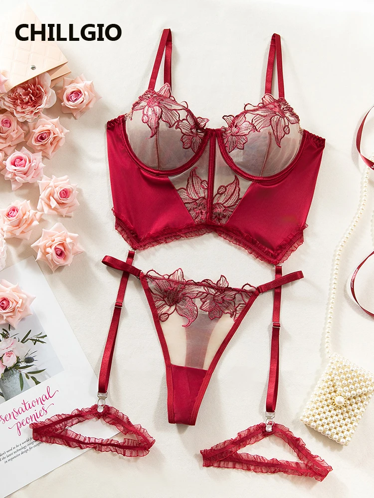

CHILLGIO атласный женский бюстгальтер с цветочной вышивкой, короткие костюмы, интимное эротическое сетчатое нижнее белье на косточках, обтягивающий сексуальный комплект нижнего белья с эффектом пуш-ап
