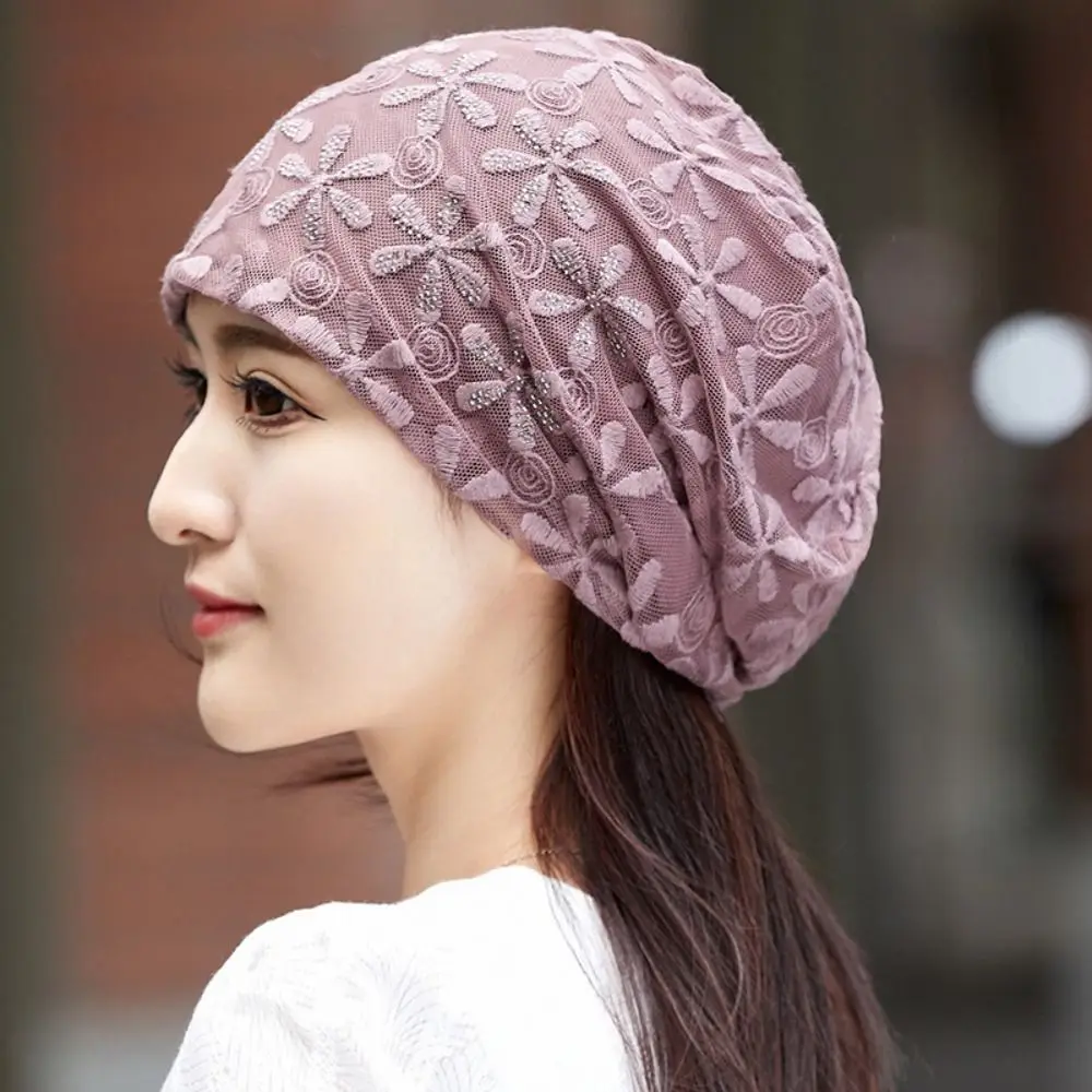 

Lace Flower Beanies Cap Breathable Hollow Out Crochet Slouchy Hat Casual Headscarf Wrap Turban Beanies Caps Spring Summer