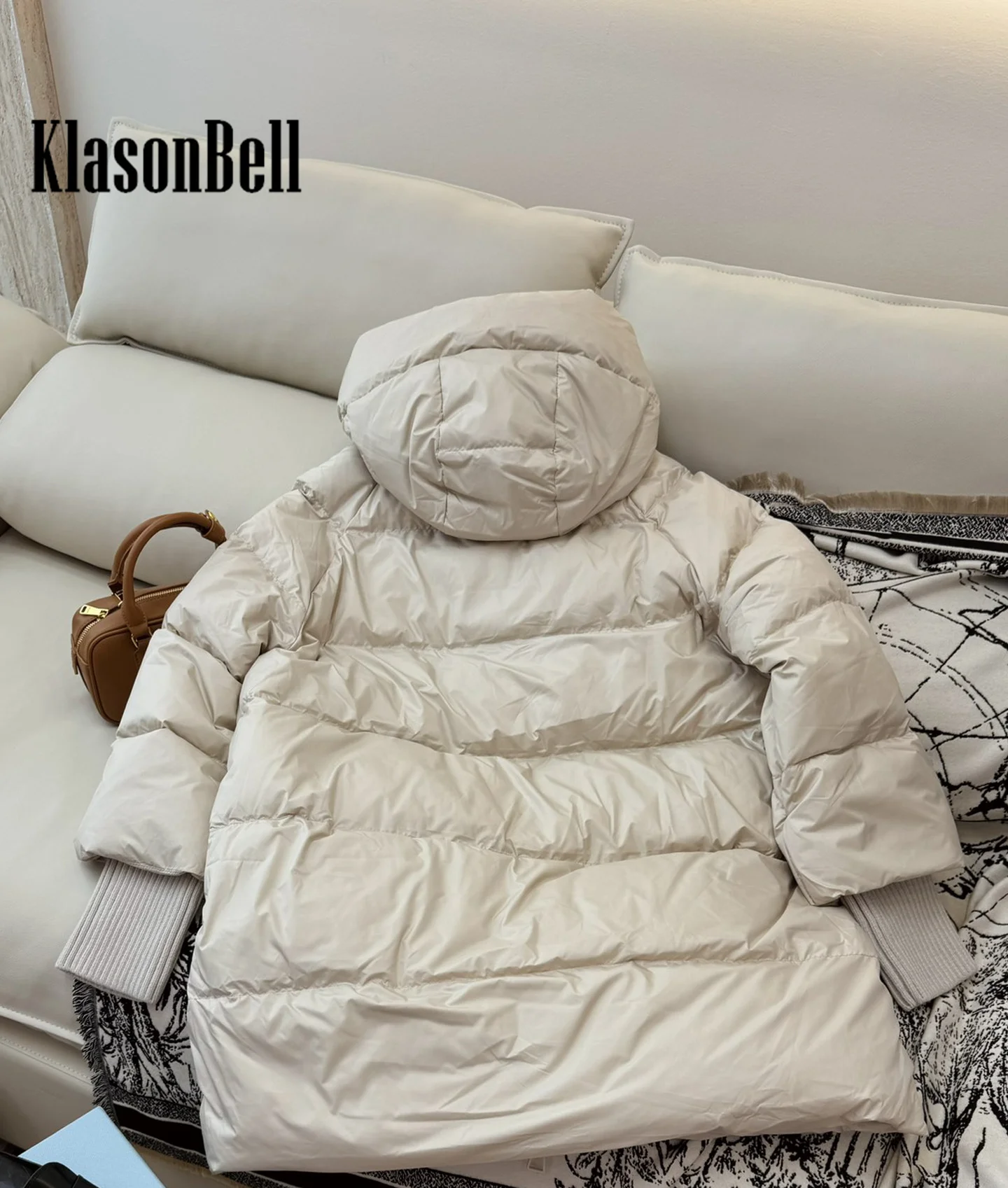 9.5 KlasonBell Women Fashion Casual Ribbed Knit Long Sleeve Spliced Design Hooded Mid-Length White Goose Down Outerwear