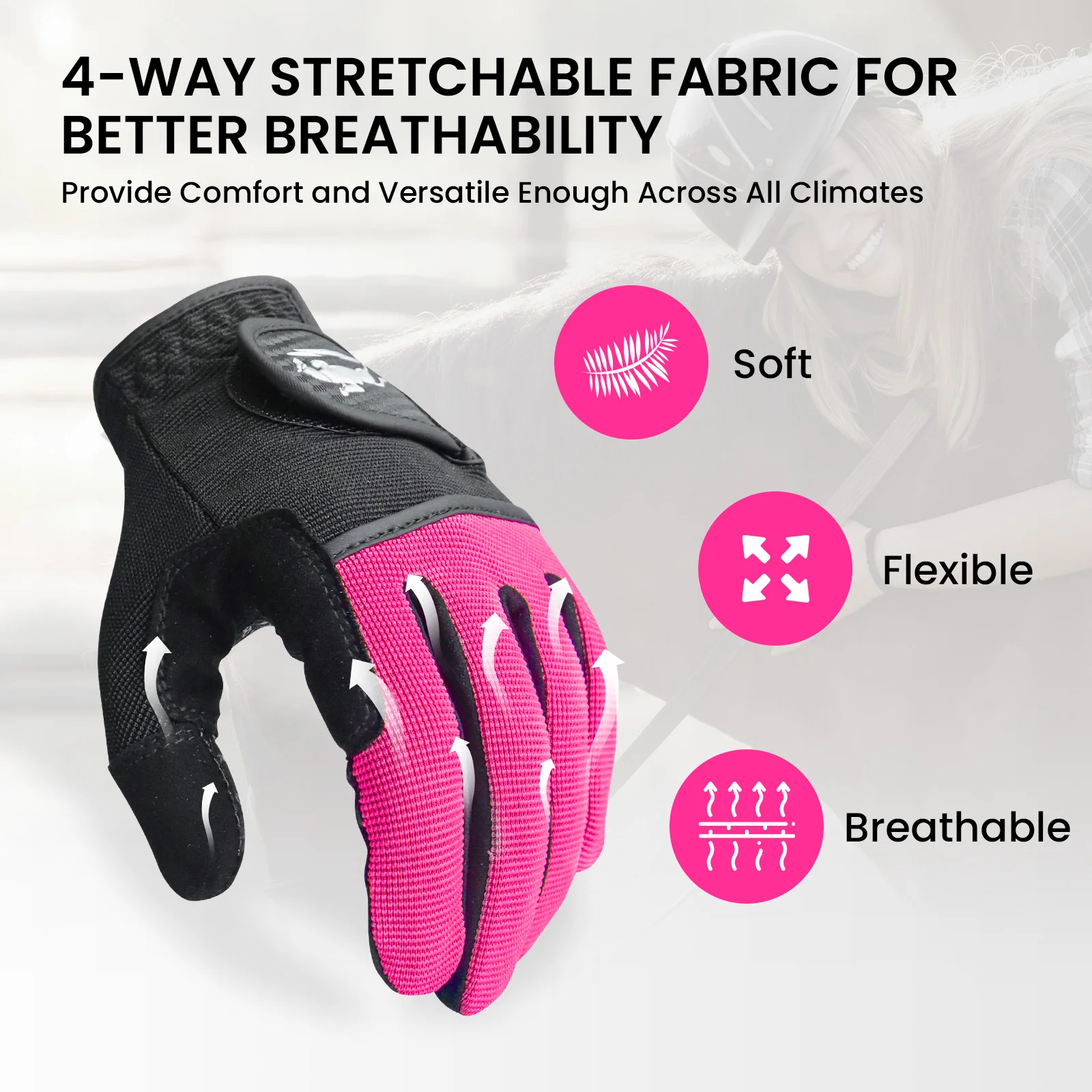 Horse Riding Gloves Equestrian Women Mesh Breathable Lightweight Color Pair, Ladys Comfortable Grip