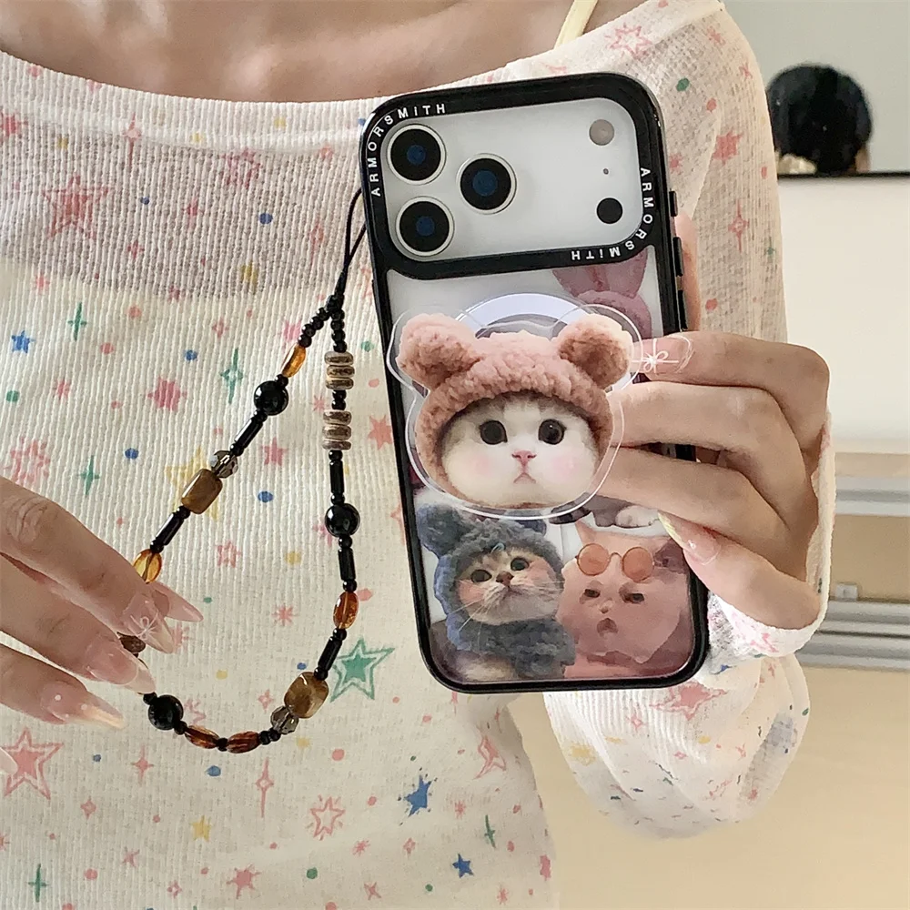 

Korean INS Cute Scarf kitten For Magsafe Stand Phone Case For iPhone 17 Pro Max 16 15 14 Pro 13 12 11 Cover With Hinged Cases