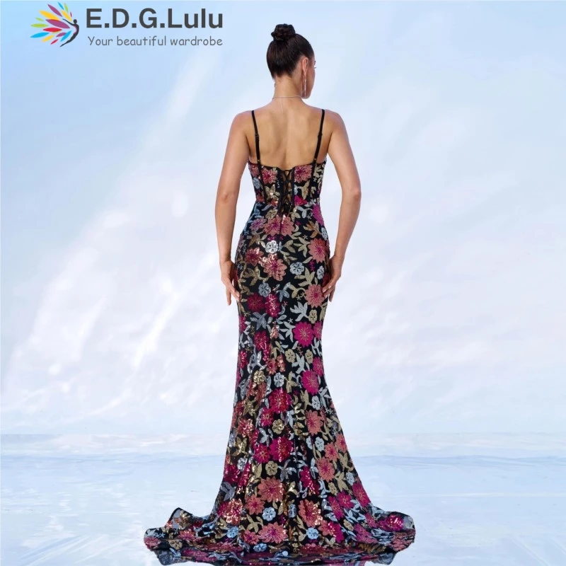 EDGLuLu Elegante scollo a V senza maniche festa di compleanno abito donna sexy backless floreale con paillettes alta fessura abiti lunghi a sirena 0629