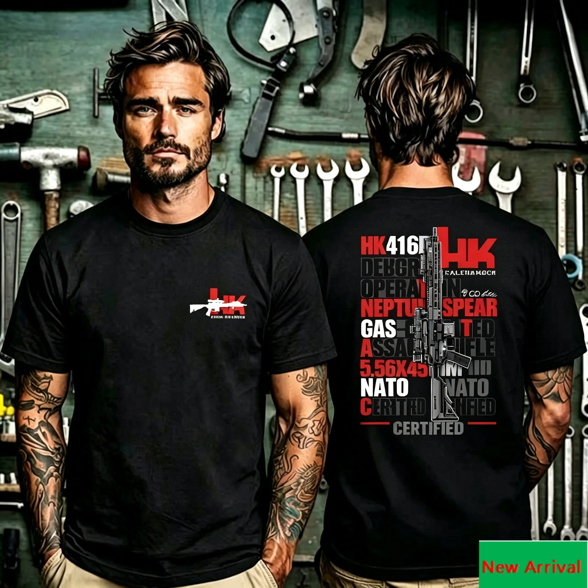 HK416 Assault Rifle Graphic Back Print T Shirt with Front HK Gun Logo Print, Military Tactical Typography Artwork, Unisex Casual