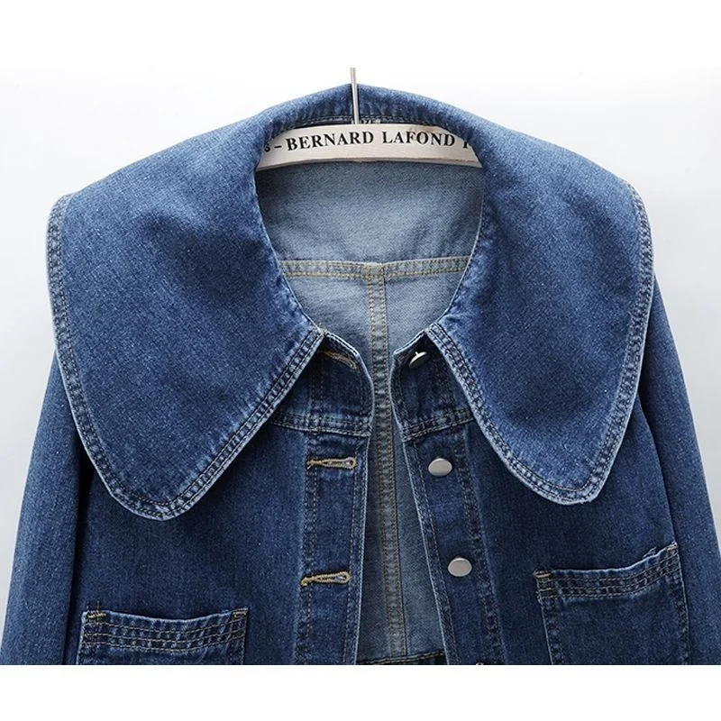 2023 New Women Denim Jackets Korean Sailor Collar Fashion Long Sleeves Button Jean Coat Vintage Crop Female Casual Loose Outwear