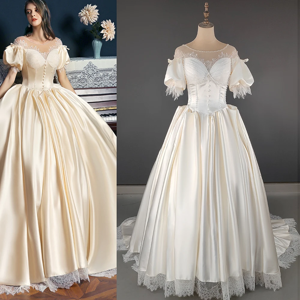 Echt Fotos Klassische Palast Königin Hochzeit Kleid Perle Vintage Maß Große Größen Laterne Hülse Kathedrale Flauschigen Brautkleid