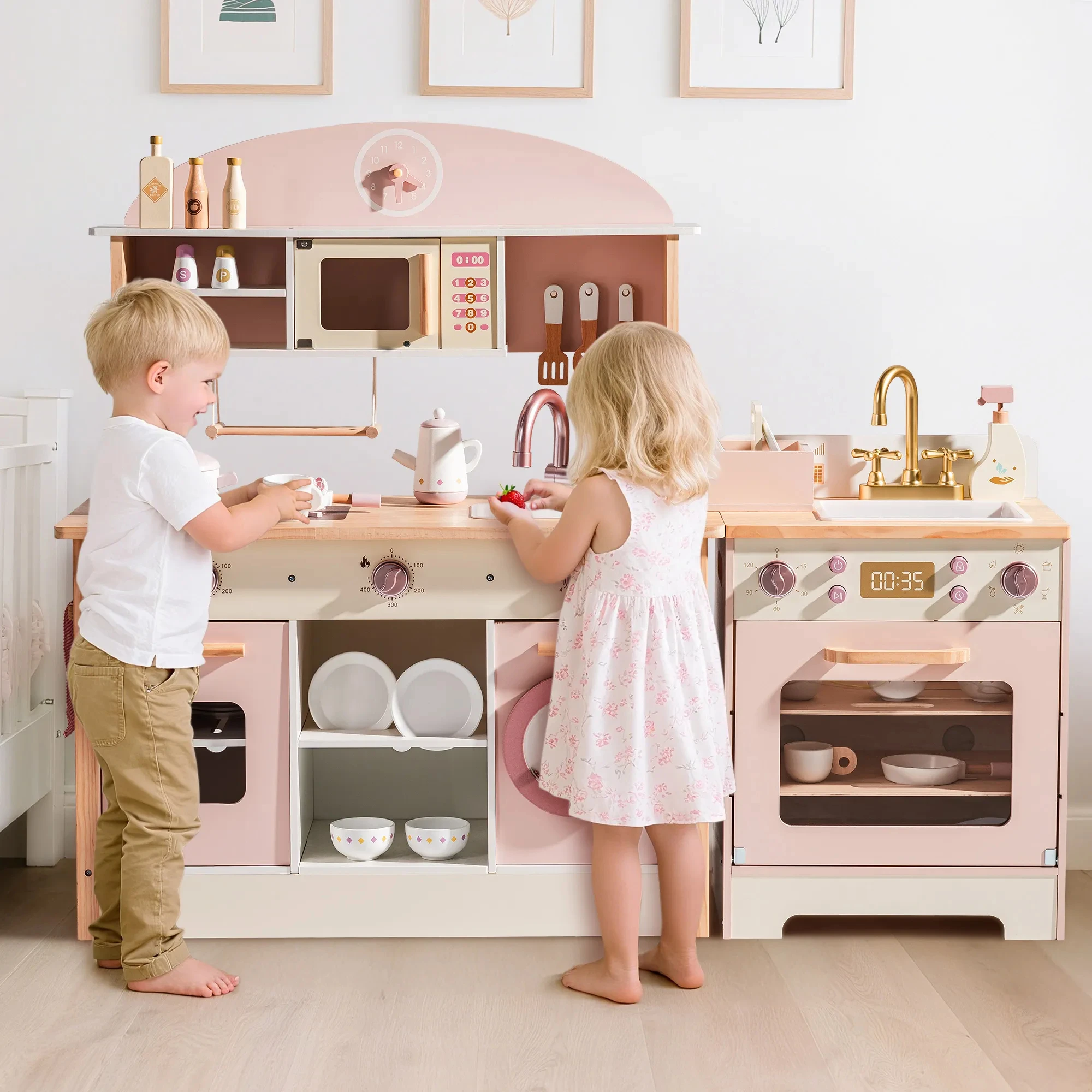 Robud Kids Wooden Pink Play Kitchen All in 1 Corner Set Includes Oven Refrigerator Washer Perfect Birthday Gift for Little Chefs view 6