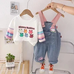 Girls' Autumn Denim Strap Pants Set 2023 New Korean Edition Foreigner Children's Long Sleeve T-shirt Pants Two Piece Set