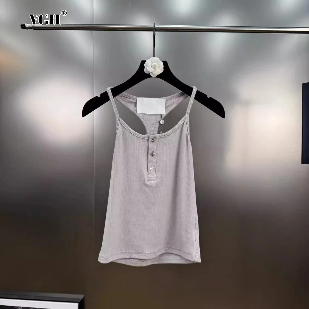 

VGH Solid Spliced Backless Hollow Out Slim Vest for Women Square Collar Sleeveless Patchwork Single Breasted Tops Female Summer