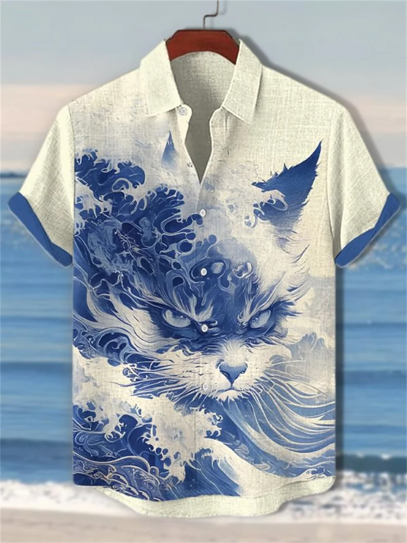 Fashionable men's short sleeved shirt with marine biology pattern, button down collar shirt, top, men's casual shirt