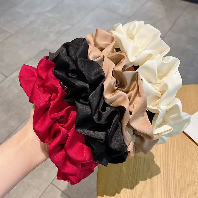 New 2023 Korean Big Wide Ruffles Satin Bezel Black Coffee Neutral Solid Color Hairbands for Women Girls Hair Accessories