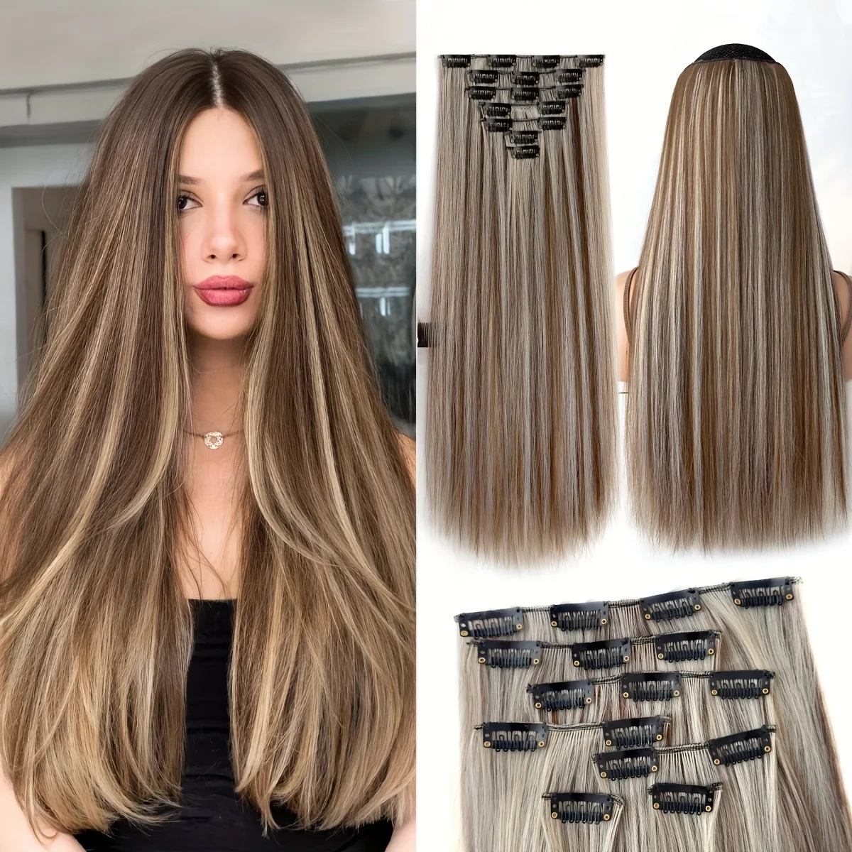 

7 шт. женские заколки для волос из термостойкого синтетического волокна — длинные прямые каштановые волосы длиной 24 дюйма, универсальные для повседневного и части