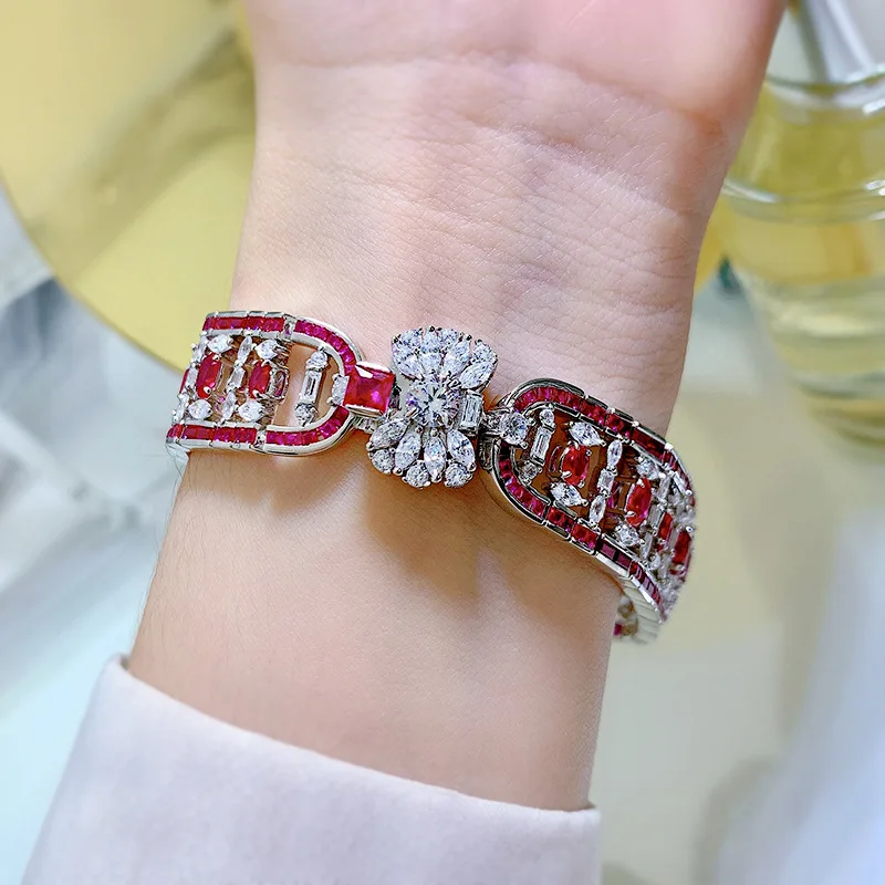 925 Silver 7x9mm Oval Ruby Cuff Bracelet for Women Luxury Jewelry Carbon Diamond Gemstone Bracelets Bangle Birthday Party Gift