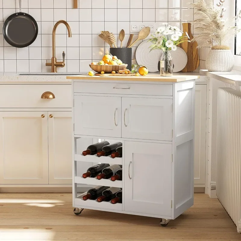 Bar Cart Rolling Kitchen Island on Wheels with 9-Bottle Wine Rack, Small Kitchen Cart with Wide Drawer, Kitchen Storage Cabinets