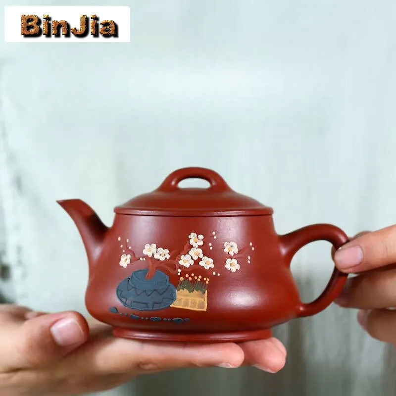 

210ml Yixing Purple Clay Teapot Handmade Painting Plum Blossom Pot Raw Ore Dahongpao Mud Making Kettle Strainer Zisha Tea Craft