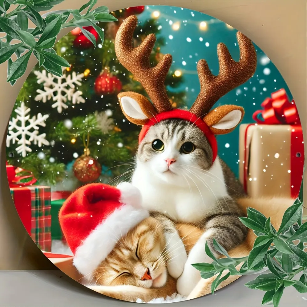 

Festive 7.8X7.8 Inch Christmas Kitty Metal Sign: Perfect for Home, Garden, Or Bar Decor