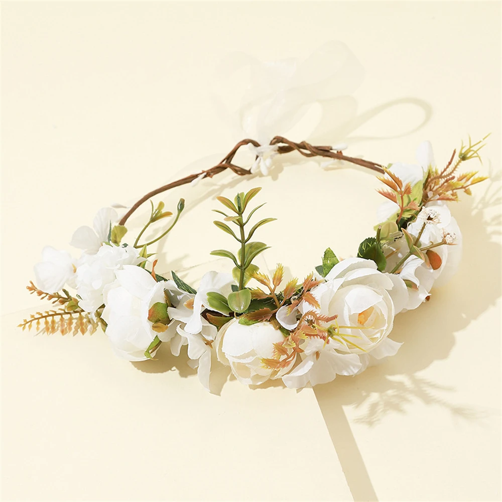 Rustic Bridesmaid Headband Flower Garland Wedding Hair Accessories Women's Flower Crown Ribbon Headpieces Girl Rose Tiaras