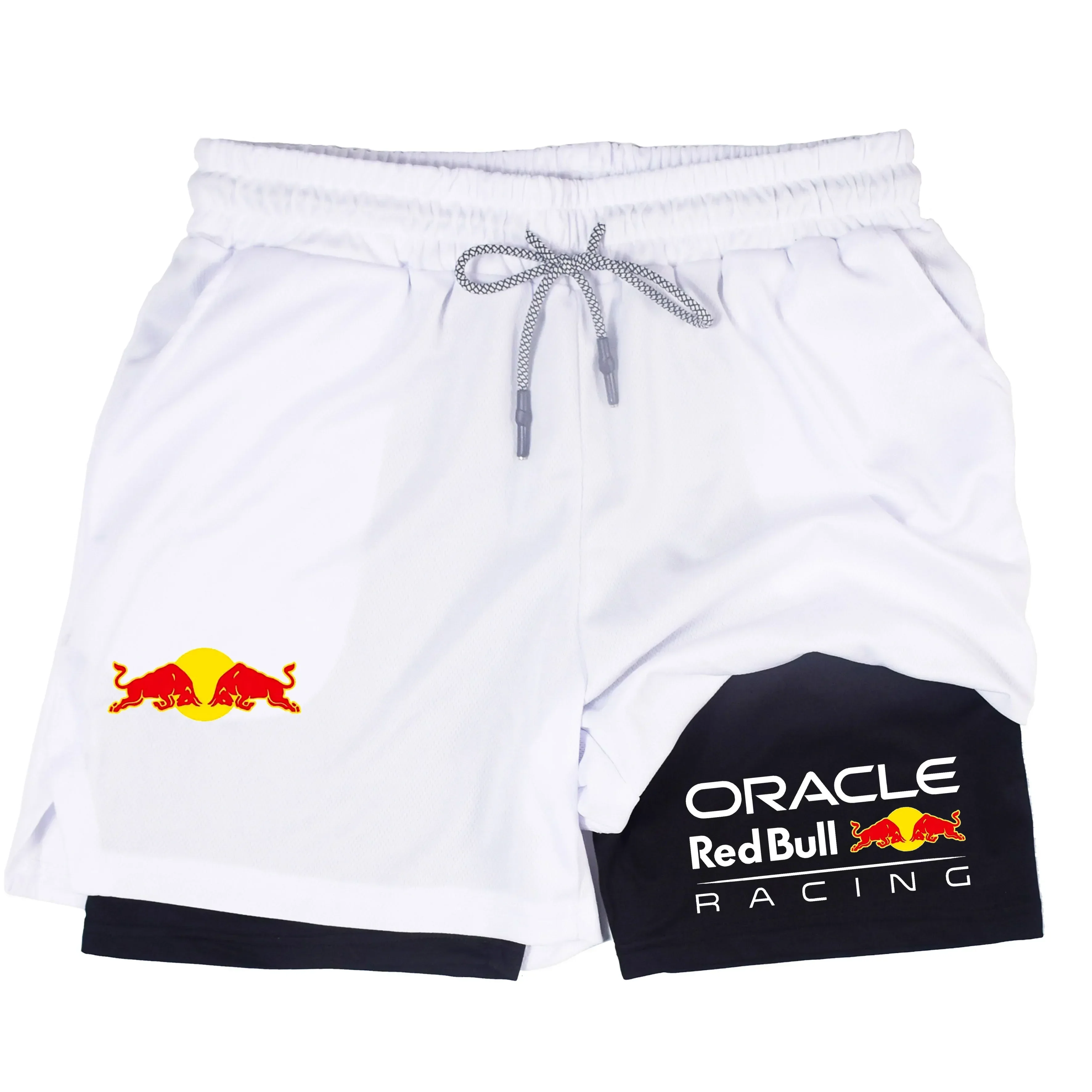 Шорты Red Bull 2025 года и мужские узкие шорты для бега «два в одном» с чехлом для телефона для летних спортивных брюк