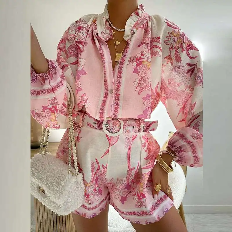 

Женский сексуальный топ с v-образным вырезом и шортами, праздничные костюмы, модные уличные богемные наряды, комплекты из двух предметов с длинными рукавами и принтом