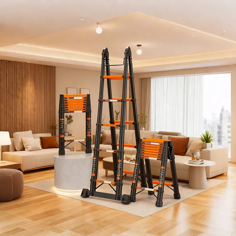 سلم تلسكوبي متعدد الأغراض من الفولاذ الكربوني مع وظيفة قابلة للطي ومنصات قدم مضادة للانزلاق للاستخدام الداخلي والخارجي