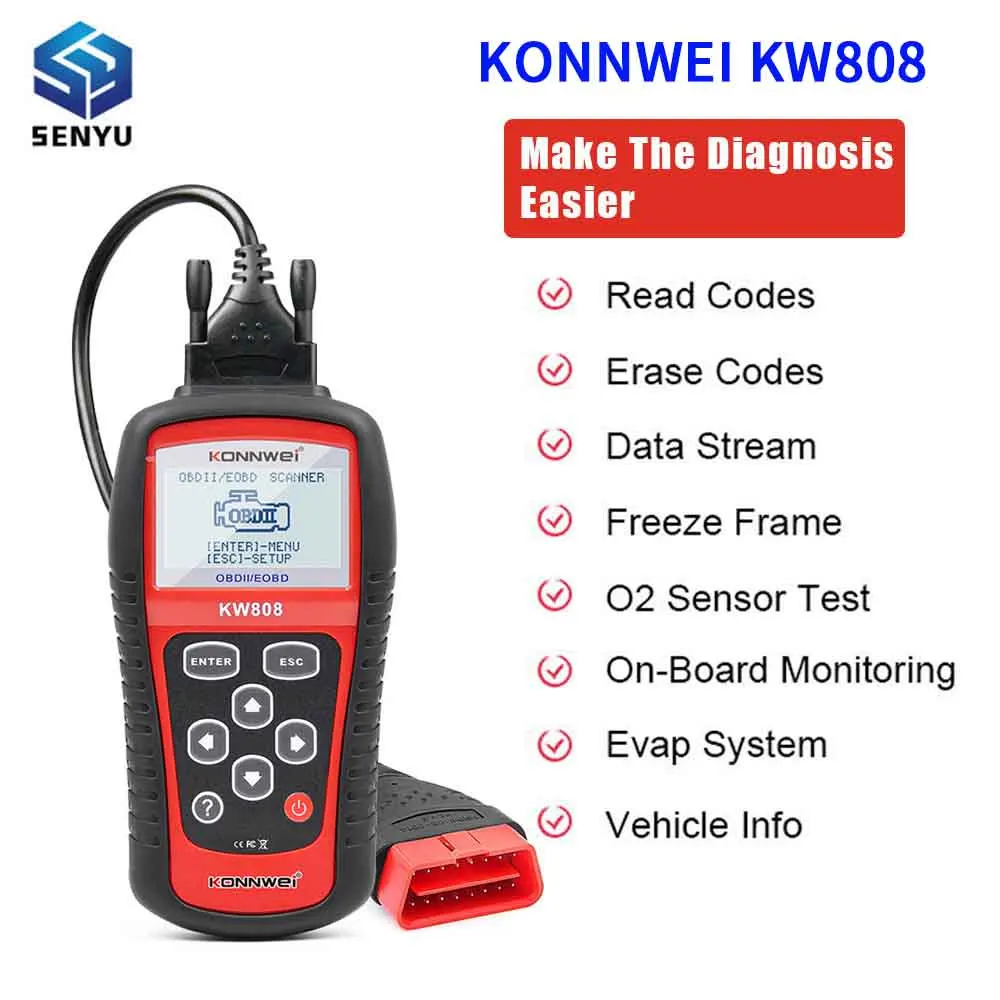 KONNWEI KW808 EOBD CAN Car Scanner OBD 2 Auto Automotive Diagnostic Tools Engine Fualt Code Reader OBD2 Tools Large LCD Screen