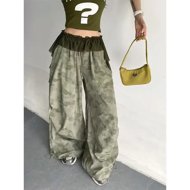 

2025 Women's Y2K Camouflage Wide Leg Pants - Mesh Patchwork Baggy Trousers, Edgy Streetwear for Spring Summer emo