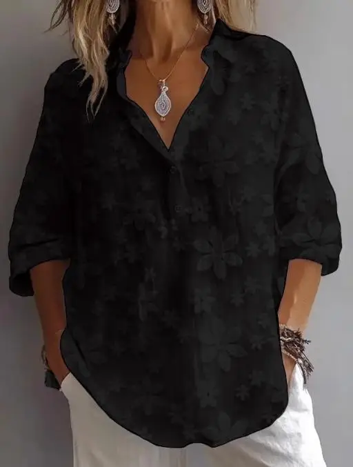 قميص الربيع والخريف بسيط كاجوال بلون سادة ورقبة على شكل حرف V وأكمام قصيرة للنساء