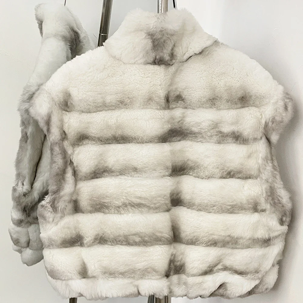 OFTBUY Neue Winter-Oberbekleidung für Damen, Wendbare Echt-Rex-Kaninchenfell-Weste mit Stehkragen, Reißverschluss und horizontalen Streifen, Pelzweste für Damen – Detail 16