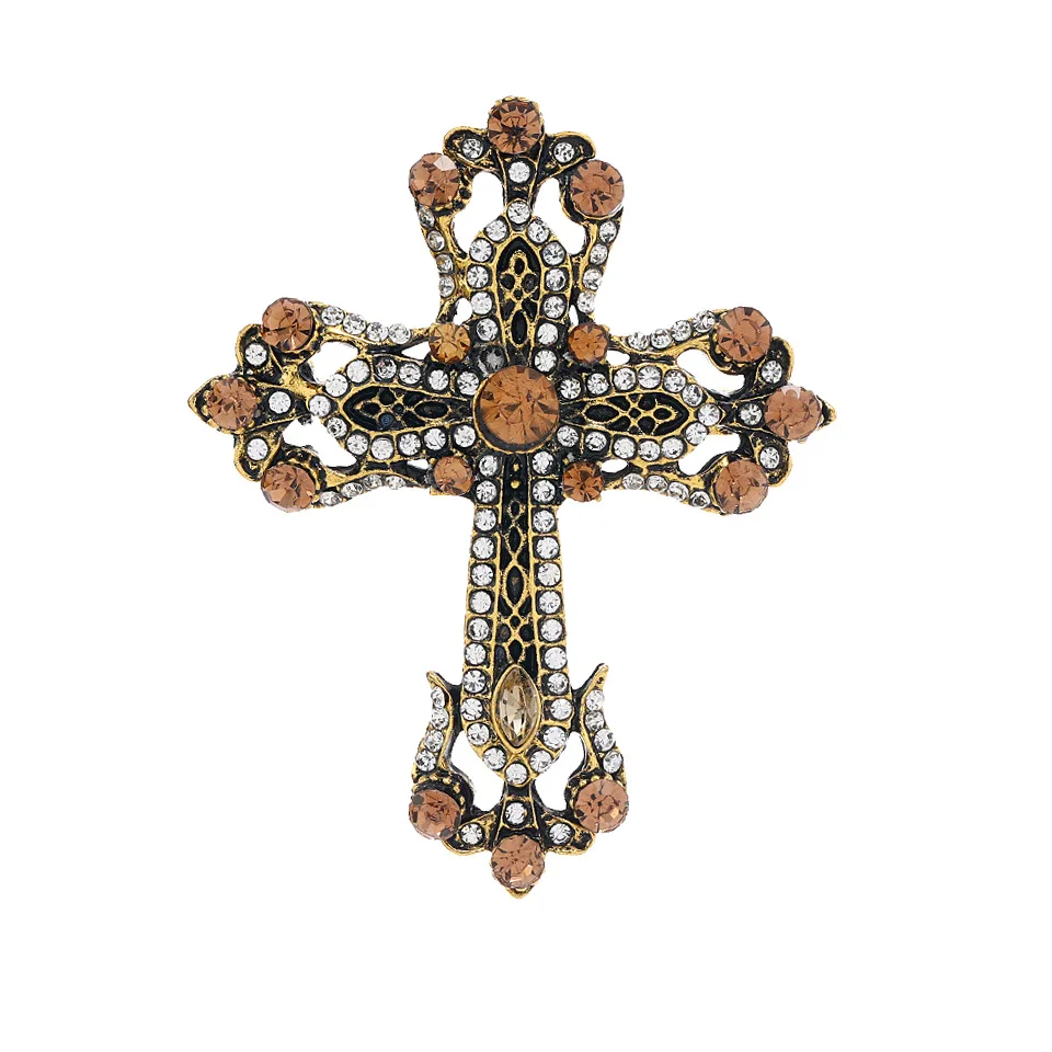 Vintage Middle Design Cross Full Crystal Brooches Badges For Women Men Retro Baroque Palace Unisex Suit Office Jewerly Corsages