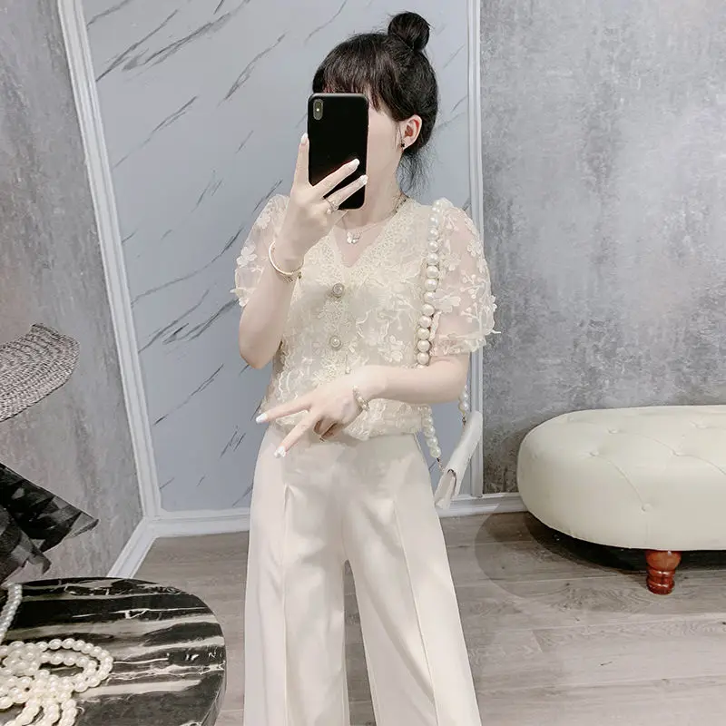 Spring/Summer Temperament Women\'s Set 2024 Korean Edition New Fashion Age Reducing Top Casual Wide Leg Pants Two Piece Set