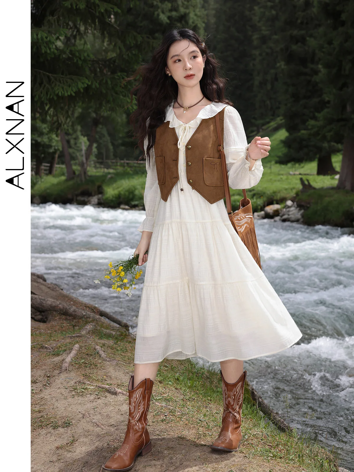 ALXNAN Women's Vintage Long Dresses Frenchy V-neck Flounced Edge Puff Sleeve 2024 Autumn Female Fashion Gentle Dress L39317