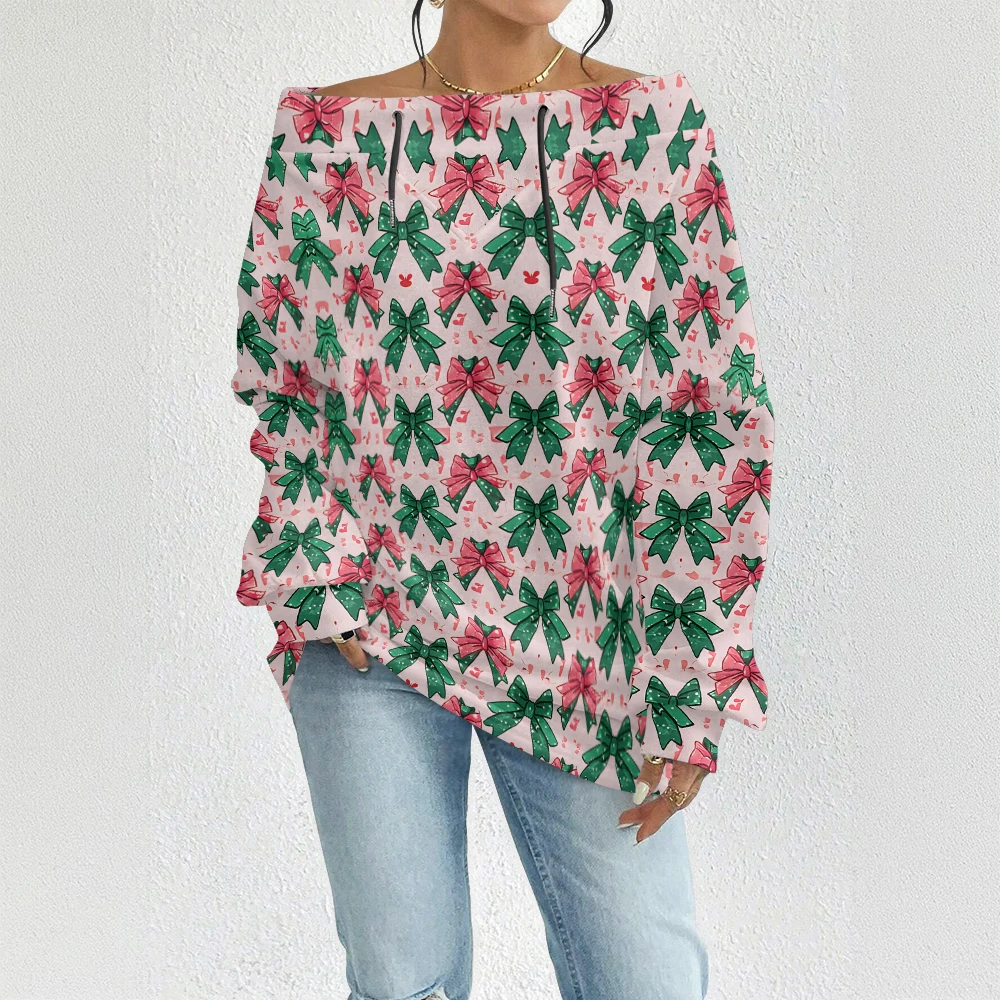 Women's Off Shoulder Christmas Party Sweatshirt with Drawstring Hem Kawaii Bows Holiday Patterned Pullover for Xmas Gifts