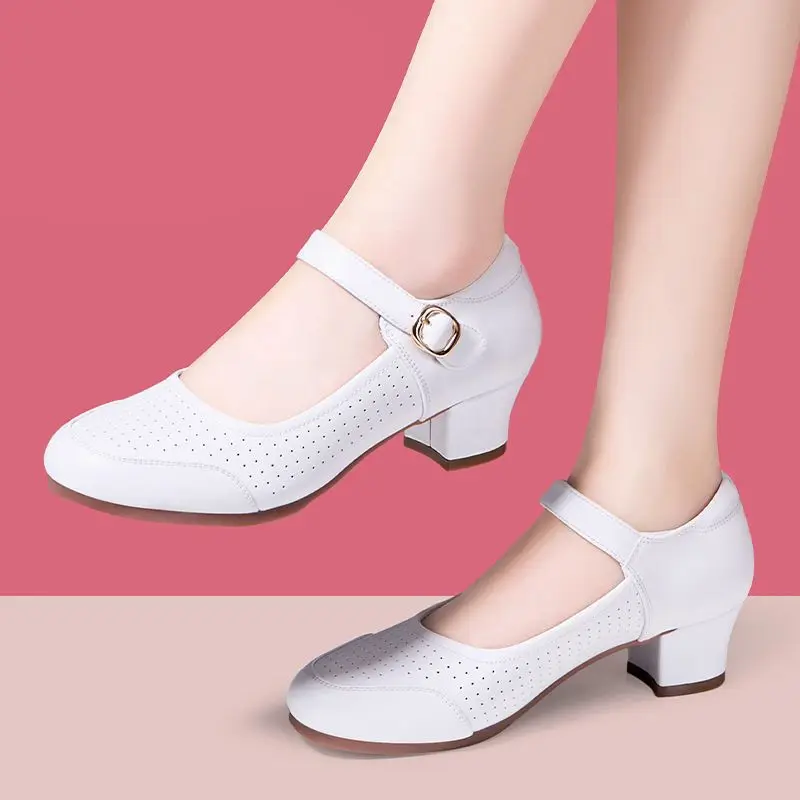 

4cm Breathable Comfortable Shallow Mouth Soft Leather Mary Janes Platform Shoes 2025 Spring Med Block Heels Dance Work Shoes Mom