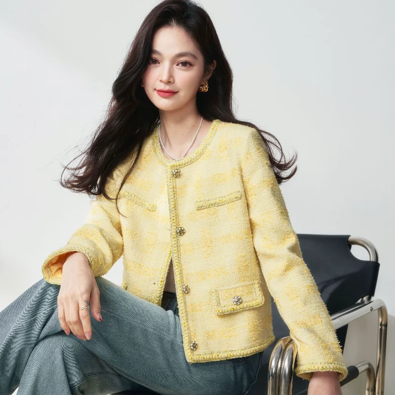 

Autumn French Bright Silk Small Fragrant Goose Yellow Coat Women High Quality Round Neck Plaid Sweet Office Lady Tweed Coat
