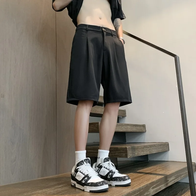 

Мужские летние повседневные шорты-костюмные брюки с высокой талией, прямые, свободные, однотонные, универсальные, для делового повседневного стиля