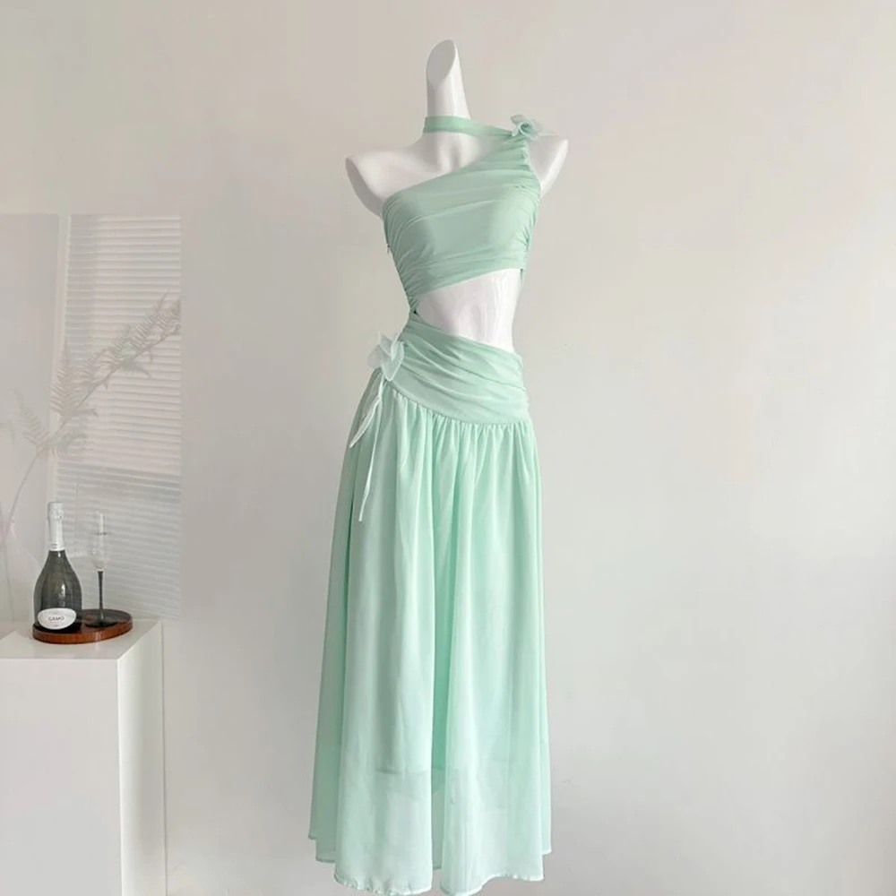 

Mint Green Mesh Dress With Exposed Waist Sloping Shoulders Women's Summer Beach Vacation Beach Dress Temperament Long Skirt