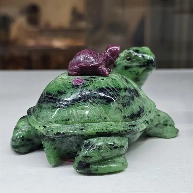 Natural Ruby In Zoisite Turtle Carving DIY Crystal Jewelry Stones For Wife Daughter Holiday Gift 1PCS
